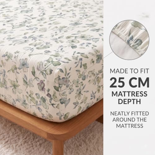 Image of VAS COLLECTIONS 240 TC Premium Fitted Bedsheet, Floral Printed King Size Elastic Deep Pocket Mattress Cover, Soft Breathable Bed Sheet for Bedroom, 72 x 78 + 10 Inches (183 x 198 + 25 cm) - Sage
