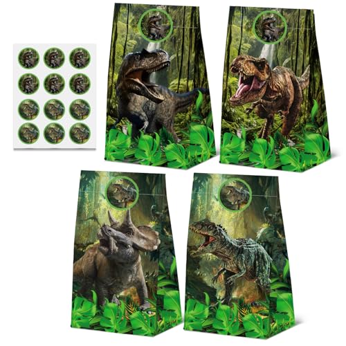 24 Pcs Jurassic Dinosaur Paper Bags with Stickers Dino Birthday Themed Party Favor Bags Gift Bags Dinosaur Themed Birthday Party Decor Supplies 4 Designs(24pcs-Dinosaurbags)