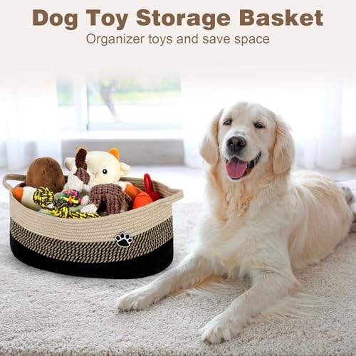 Image of Optish Dog Toy Basket, 30L Toy Box and Bin for Dog Cat Storage, 19.7 inch X 11 inch X 7.9 inch Large Woven Rope Basket for Blanket Storage, Living Room, Bedroom, Black & Brown