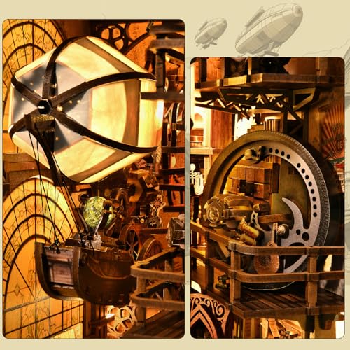 TOYQI Book Nook Kit for Adult, DIY Miniature Dollhouse Kit, Airship Model | 3D Wooden Puzzle Booknook with LED Light, Diorama Building Bookshelf Decor, Steampunk, Ideal Gift for Christamas - image 3