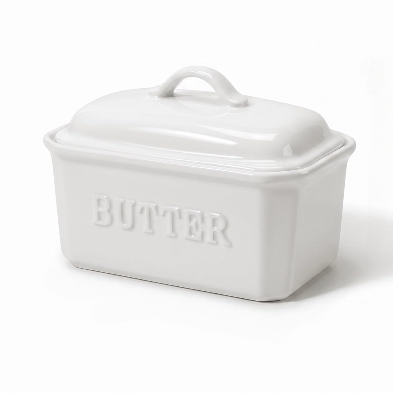 Large Butter Dish for 500g Butter Block, Also Perfect for 250g Block, Porcelain Butter Storage Holder for Countertop, Ceramic Butter Container, JSHKY, Color-White.