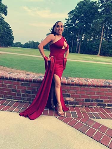 Image of LAGSHIAN Women Sexy Elegant One Shoulder High Split Cutout Long Evening Dress