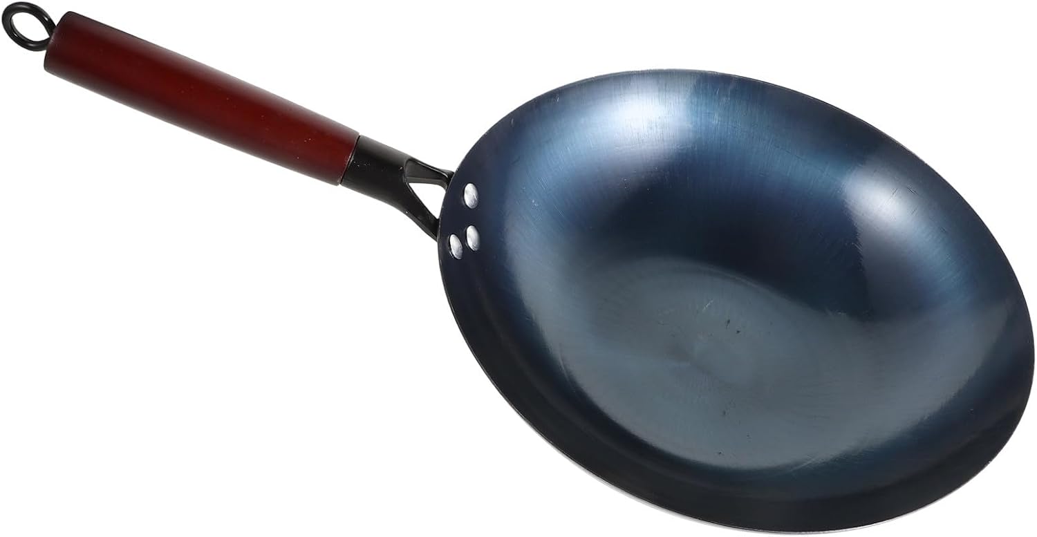 Iron Wok Stir Fry Pan 30cm round Bottom 1.5mm Thick Hand-seasoned Cast Iron Cooking Pot with Wooden Handle for Home Stovetop Cooking