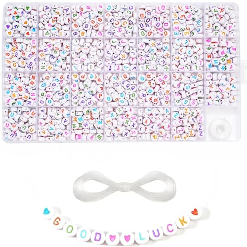 1400 Pieces 4x7mm White Round Acrylic Alphabet Letter Beads A-Z Heart Pattern Beads and Crystal Line for Jewelry Making Bracelets Necklaces Key Chains