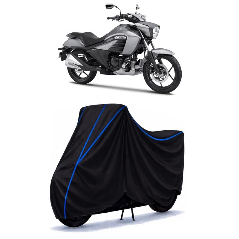 Image of Suzuki Intruder 250 Bike Cover Water Resistant Universal Motorcycle Rain | Heavy Duty UV Protection, Dust, Scratch Indoor Outdoor All Weather with Black Blue Piping Elastic