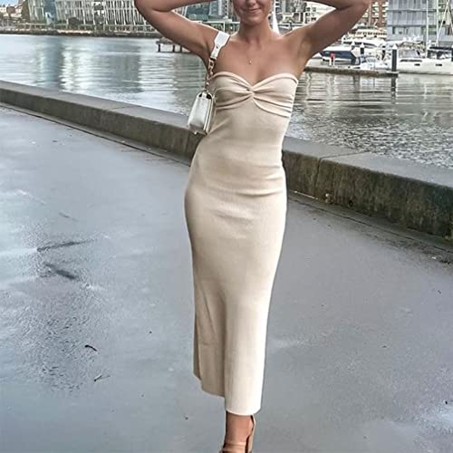 Sdencin Women Sexy Twist Knot Front Ribbed Knit Bodycon Bandeau Tube Dress Casual Solid Strapless Maxi Long Dress4