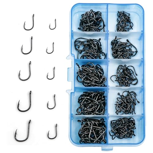 9KM DWLIFE 300pcs Fishing Hooks Ringed Eye Carp Hook High Carbon Steel Carp Fishing Barbed Fishing Hooks Eyed sea fishing hooks for Saltwater Freshwater Fishing Accessories Size 3-12#