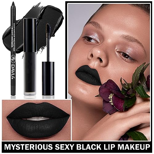 Zhishudl Matte Black Lipstick Lip Liner Set Black Liquid Lipstick Lip Tint Stain High Pigmented Black Lip Liner And Lip Gloss Set For Halloween Christmas Cosplay Goth Makeup thumb #6