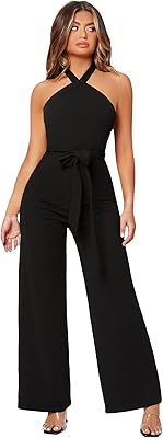 Women's Sleeveless Halter Tied Backless High Waist Belted Wide Leg Pants Elegant Jumpsuit Rompers