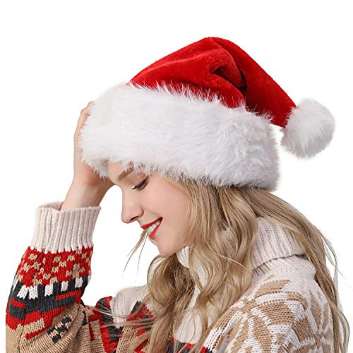 SHEING Santa Hat Plush Velvet & Comfort Liner Thickened Christmas Hat for Adults (Traditional Red)