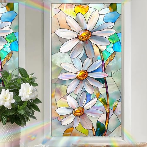 Image of Nuxovilar Gothic Rainbow White Flower Pattern Window Film 17.5x39.3 PVC | White Flowers, Gothic Cling rainbow floral decal, glass door wrap for living room bedroom balcony (White Floral)