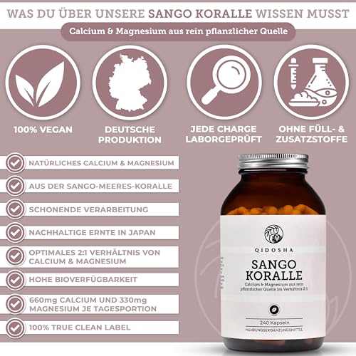 QIDOSHA® Sango Meereskoralle Kapseln, 240 Stk/Glas, hochdosiert mit 660mg Calcium & 330mg Magnesium (optimales 2:1 Verhältnis), nachhaltige Ernte, deutsche Fertigung, jede Charge laborgeprüft