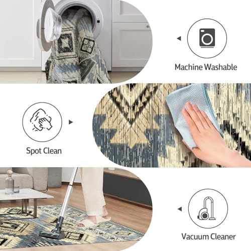 Image of Washable Boho Entryway Rug 2' x3' Small Western Rug Blue White Colorful Color Geometry Door Mat Indoor Entrance Non-Slip Soft Oriental Vintage Carpet Kitchen Entryway Bedroom Corridors Indoor