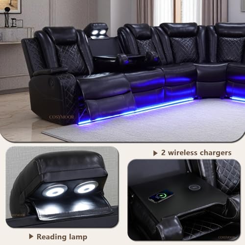 Image of Power Recliner Sectional Sofa with LED Light for Living Room, Black Leather Reclining Sofa Corner Sectional Couches Set, Cup Holder, Storage Console for Home Theater Seating