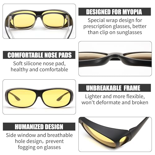 FEISEDY Night Driving Glasses,Men Women Fit Over Sunglasses, Anti Glare Polarized HD Night Vision Glasses Yellow Lens B02213