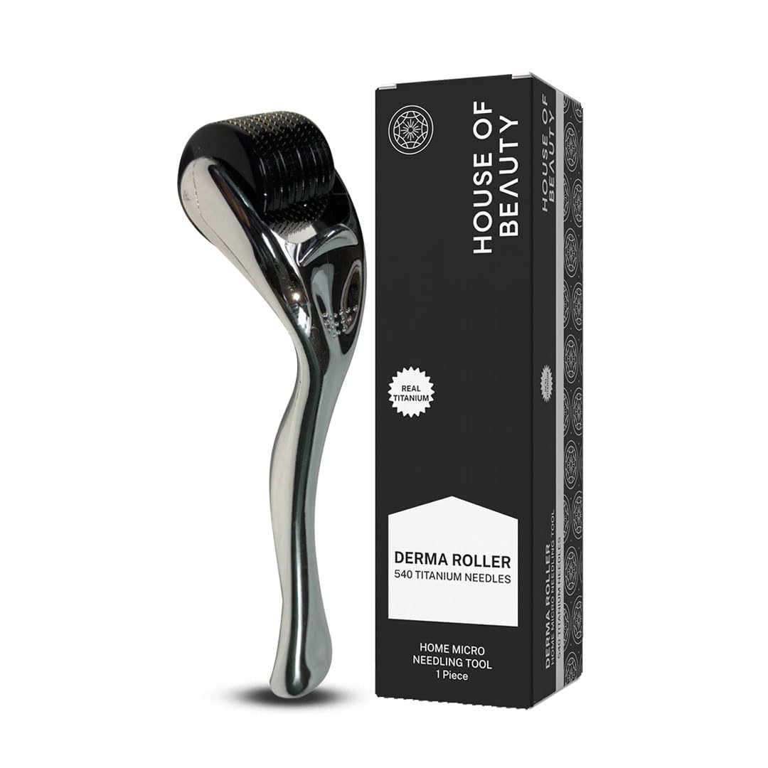 HOUSE OF BEAUTY Derma Roller for Face - 0.75mm Microneedle Roller for Skin Care, Dark pigmentation, Beard Growth & Hair Regrowth - 540 Real Titanium Microneedling Tool for Glowing Skin, Fine Lines