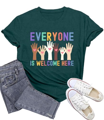 Potia Equality T-Shirt for Women Everyone is Welcome Here Printed Shirt Human Rights Tee Tops Green