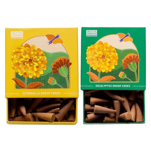 Image of HelpUsGreen Mosquito Repellent Dhoop Cones Citronella and Eucalyptus (80 Cones Pack of 2)|Natural Organic Charcoal Free Incense Cones for Home, Balcony, Outdoor Use | Free Ceramic Holder