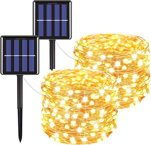 Moon Strike Solar Outdoor String Lights, 2 Pack Extra-Long 144FT 400LED Waterproof, Copper Wire with 8 Modes, Solar Lights Garden Light for Tree Garden Party Wedding Decor (Warm White)
