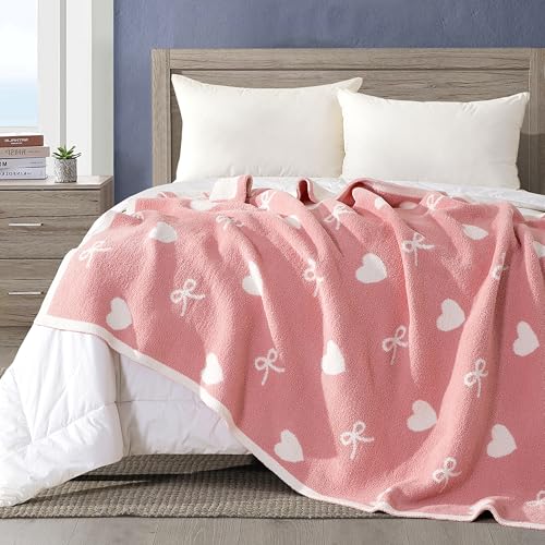 Image of Elegant Comfort Valentine's Day Knit Throw Blanket, Hearts and Bows Super Soft Cozy Fluffy Warm Throw Blankets for Couch, Sofa, Chair, Bed, Camping, Picnic, Travel Lightweight Bed Blanket (50 inch x 70 inch)