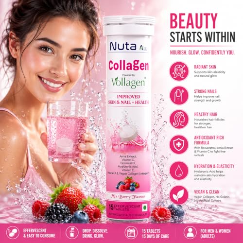 Image of Collagen Effervescent Tablets | Vegan Collagen (Vollagen), Vitamin C & Hyaluronic Acid | Skin Glow, Hair & Nail Support | Mix Berry | 15 Tablets