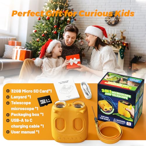 2 In 1 Fernglas und Mikroskop für Kinder, 2.0 IPS Bildschirm, 1000X Tragbares Kindermikroskop mit Fotofunktion, 10X Wiederaufladbares Fernglas, PC-Echtzeitübertragung, 32GB Speicherkarte, USB-C