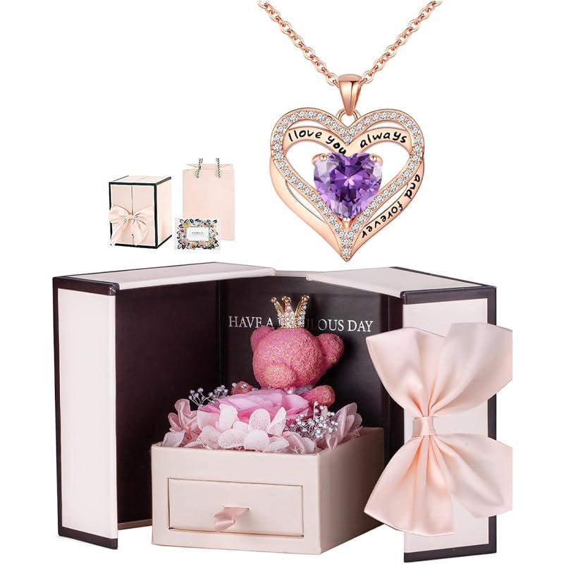 Generic Birthday Gift for Her, Preserved Rose Gift Box, Cute Moss Bear for Wife Girlfriend on Birthday Anniversary Mothers Day Christmas (Pink box+necklace02)