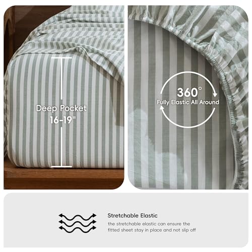 Image of MooMee Striped Sheet Set 100% Washed Cotton Linen Like King | Relaxed Linen-like Texture. Soft, Breathable & Lightweight Comfort. 15-19 inch Extra Deep Pocket with All-around Elastic