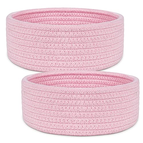ABenkle 2 Pack Small Baskets, Cotton Rope Woven Basket, Cute Mini Tiny Storage Baskets, Decorative Boho Basket for Nursery Living Room Bedroom Shelf, Empty Gift Basket - Pink