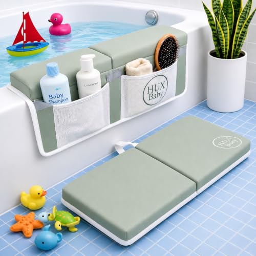 Image of Comfortable Baby Bath Kneeler and Elbow Rest Pad Set, Non-Slip Bathtub Kneeling Pad for Bathing Baby, Bath Tub Cushion Mat, Elbow Pads, Toy Organizer Storage Pockets, Strong Suction Cups (Green Gray)