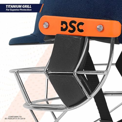 Image of DSC Empra Titanium BSI Approved Professional Cricket Helmet | BS7928 Certified Pro-Standard Hard Ball Helmet with Ultra-Light Titanium Grill & Advanced Shock Absorption | Color: Navy | Size: L