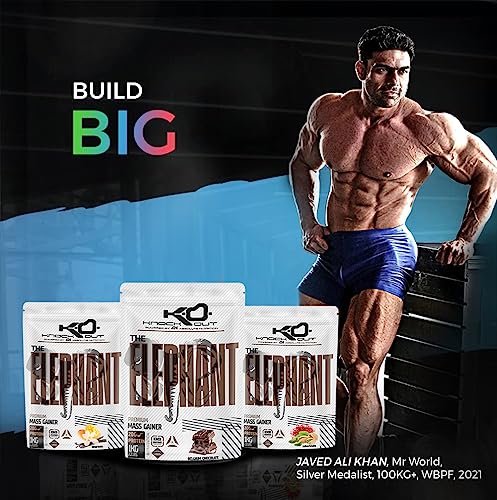 Image of Knockout by Absolute Nutrition Elephant Mass Gainer with Creatine Monohydrate, HMB & Vitamins, Minerals,60g Complex Carbs & 20g Protein per serving (American Ice Cream, Pack of 1 Kg)