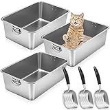 Lallisa 3 Set Stainless Steel Cat Litter Box with Handle and Cat Litter Scooper, (23.6' x 15.7' x 7.9') Large Metal Litter Box, Litter Pan for Large Cat Easy Cleaning Nonstick Never Absorbs Odor