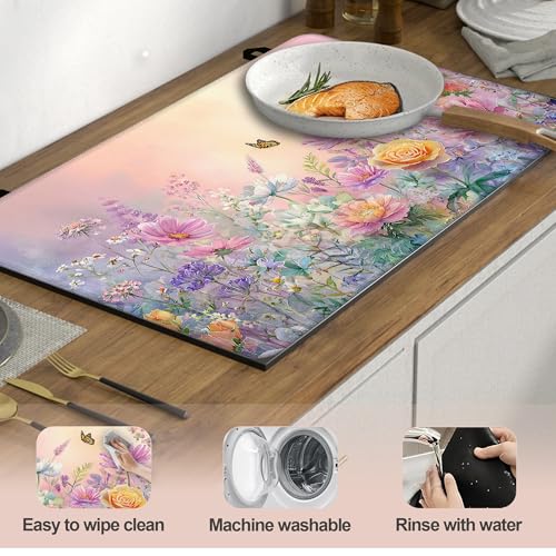 Image of Spring Wildflowers Butterflies Stove Cover for Electric and Glass Stove Tops 3-in-1 Stove Mat, Heat Resistant Counter Protector Mat, Non-Slip Surface & Drying Rack, 28.5 inchLx20.5 inchW
