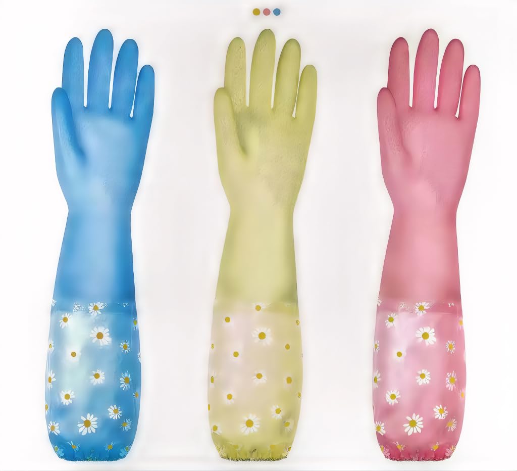 FixiZy Kitchen Cleaning Gloves 3 Pairs-Reusable Rubber Gloves Non-Slip Laundry Kitchen Gardening Household Gloves(Long Cuff)