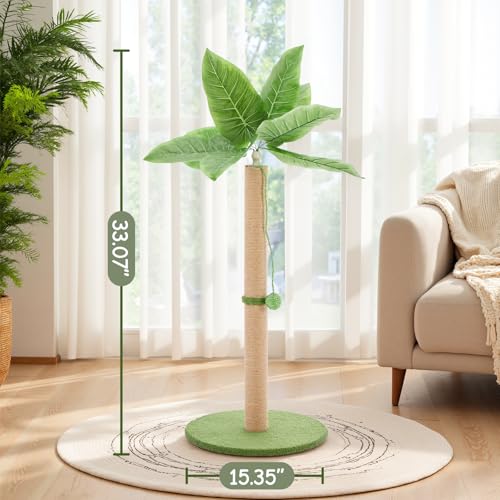 Image of Sweetcrispy 33 inch Cat Scratching Post for Indoor Cats, Cat Scratcher Scratching Posts with Dangling Ball for Adult, Palm Tree Cat Scratch Post for Kittens, Green