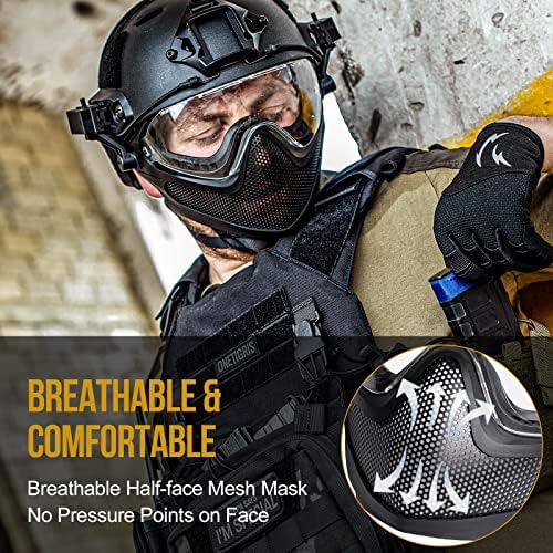 OneTigris Tactical Fast Helmet - Upgraded Airsfot Helmet All-In-One Integrated PJ Type Helmet with Tactical Goggles Visor & Steel Mesh Airsoft Mask for Airsoft Shooting Paintball Wargames