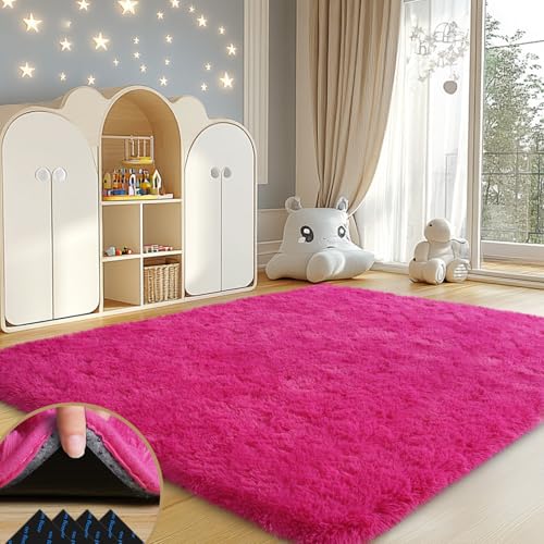 4x6 Rugs for Living Room, Large Fluffy Area Rugs for Bedroom, Soft Carpet Shag Kids Rug with 4 Non-Slip Rug Pads (Hot Pink, 4ft x 6ft)