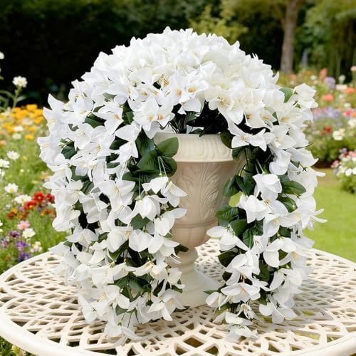 Artificial Flowers for Outdoors Fake Bougainvillea Hanging Flower Decoration, 2Pcs Realistic Faux Silk Plants Long Trailing Vines, Fall Decor for Porch Patio Balcony Planter Yard(White)