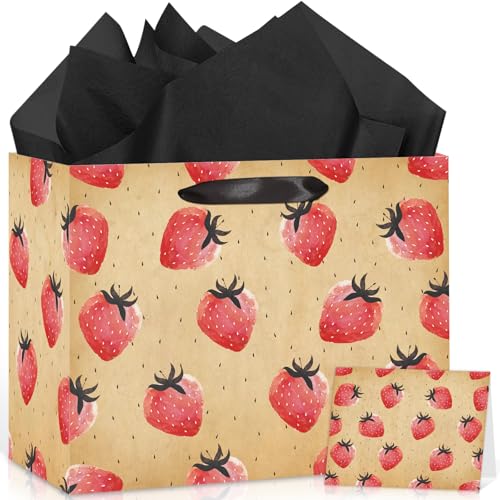 Strawberry Gift Bag with Tissue Paper Card Brown Kraft Strawberry Wrapping Paper Bag Berry Baby Shower Party Favor Bags for Girls Women Cute Fruit Themed Birthday Gender Reveal Bridal Shower Supplies