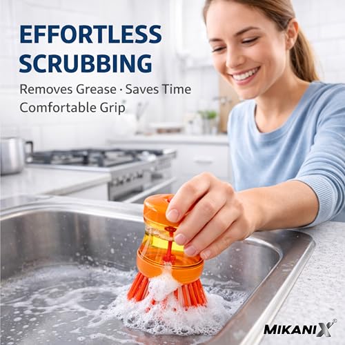Image of MIKANIX Soap Dispensing Cleaning Brush, Dish Scrubber with Liquid Dispenser for Kitchen Sink, Cookware, Stove, Bathroom & Tiles, Multipurpose Scrub Brush (Pack of 2)