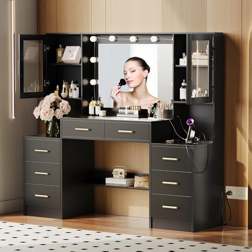 Image of Makeup Vanity Desk with Mirror and Lights, 58.3 inch Makeup Vanity with Lights & Charging Station, Black Dressing Table Vanity Set Vanity Table with 8 Drawers & 2 Cabinets, with Installation tools