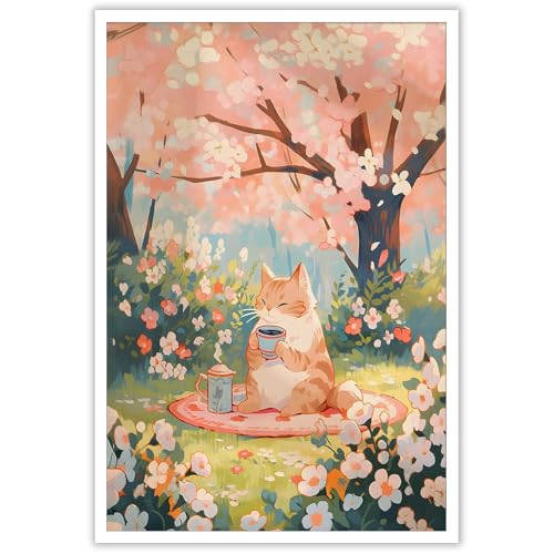 Vintage Lovely Cat Posters Cats Mom Drinking Tea Under The Cherry Blossoms Tree Canvas Wall Art Japan Cozy Animal Prints Painting For Home Bedroom Dorm Wall Decor 12x16in Unframed