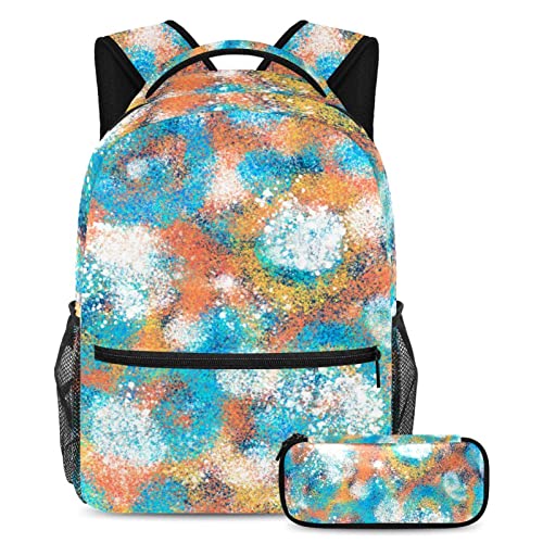 Sac à dos à pois abstraits multicolore, grand cartable ado original avec sa trousse