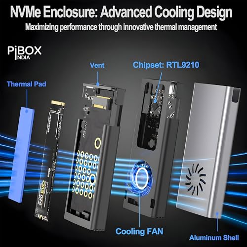 NVME M2 Enclosure Fan, PiBOX India NVMe SSD Enclosure - USB 3.2 10Gbps, Tool-Free M.2 NVMe Case, PCI-E NVMe Reader, USB-C, Supports M & B&M Keys,... - Image 5
