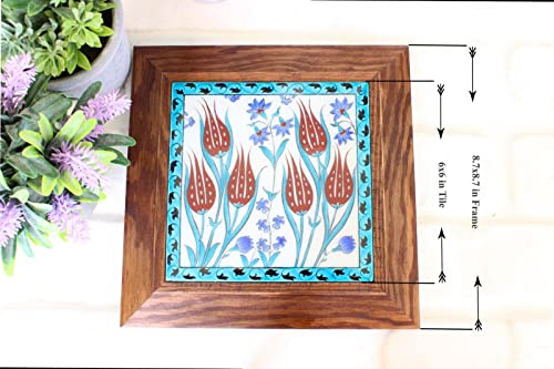 Ottoman Inspirations Iznik Decorative Tile-Handmade Authentic Tile (6-Inch X 6-Inch Tile) – Red Tulip Garden With Blue Flowers Of Ground Quartz Hand-Unique Commissioned Art 80% Ceramic #TOP1