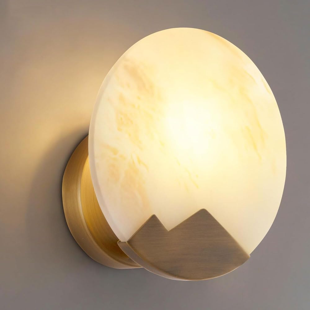 GUOGUOSM Nordic Industrial Style Indoor Wall Light, Natural Alabaster Wall Lamp, Creative Round Marble Wall Sconce, Bedside Corridor Stairs Decorative Lighting Fixtures