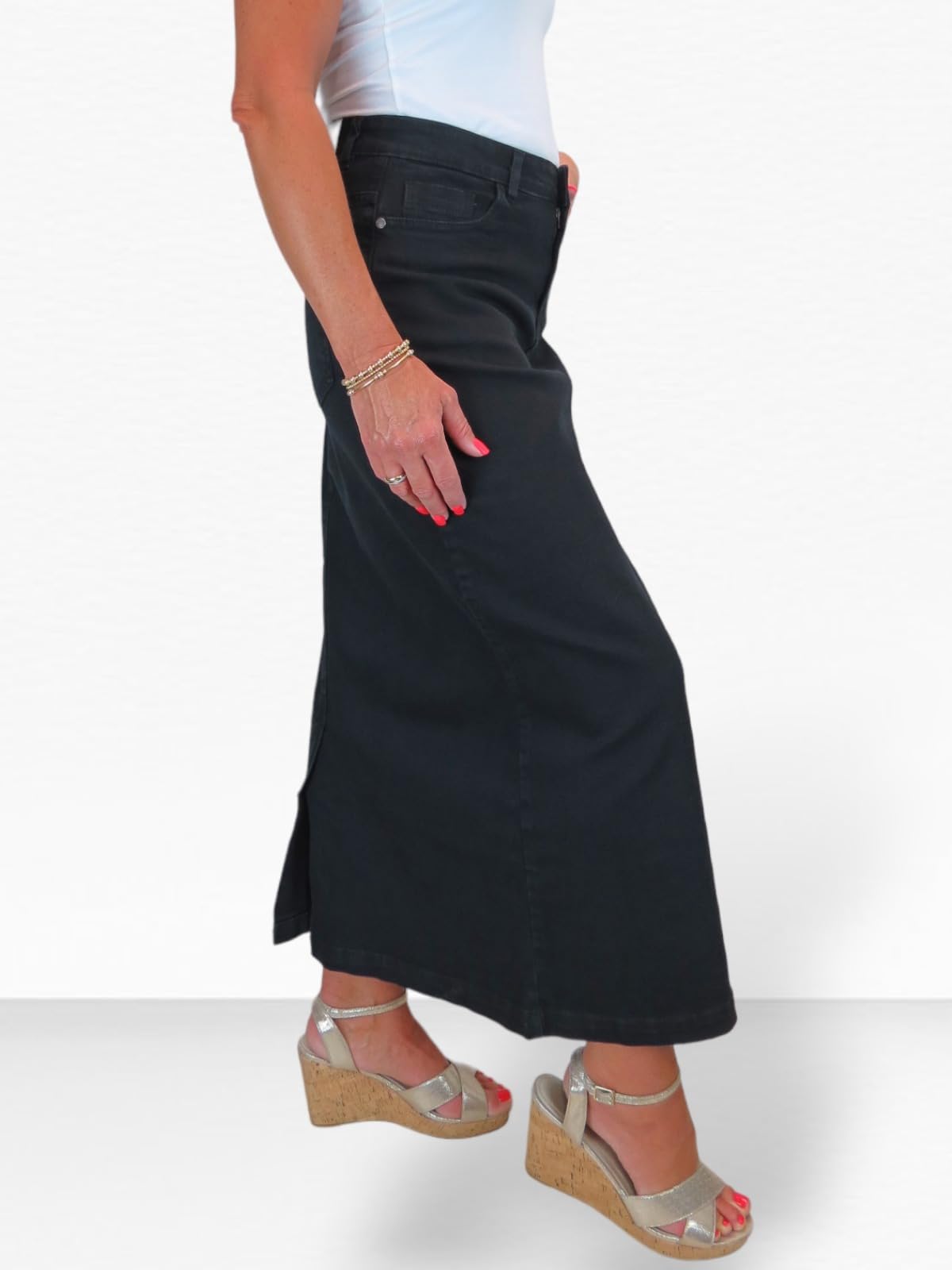 Damen Maxi Long Jeans Rock Sehr Dehnbarer Denim 36-48