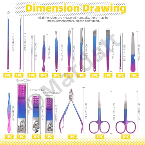 Mardatt 18Pcs Manicure Set Includes Nail Clippers, Nail Care Tools and Leather Travel Case 18 in 1 Nail Professional Grooming Kit Nail Clippers Set Pedicure Tools Kit for Women Men (Colorful) - Image 3