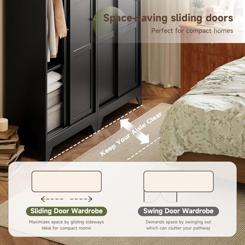 Image of Letaya Armoire Wardrobe Closet,20 inch Deep Armoire Wardrobe Cabinets with Sliding Doors and Shelves,Narrow Slim Coat Closet Cabinet with Hanging Rod for Home(Black)